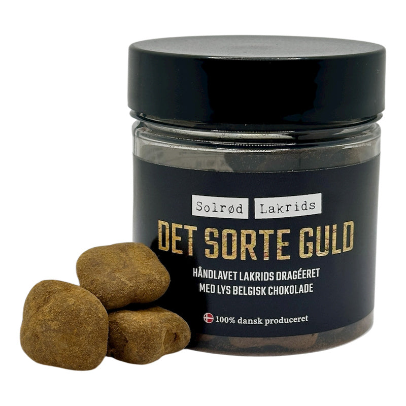80 g Det Sorte Guld fra Solrød Lakrids på hvid baggrund