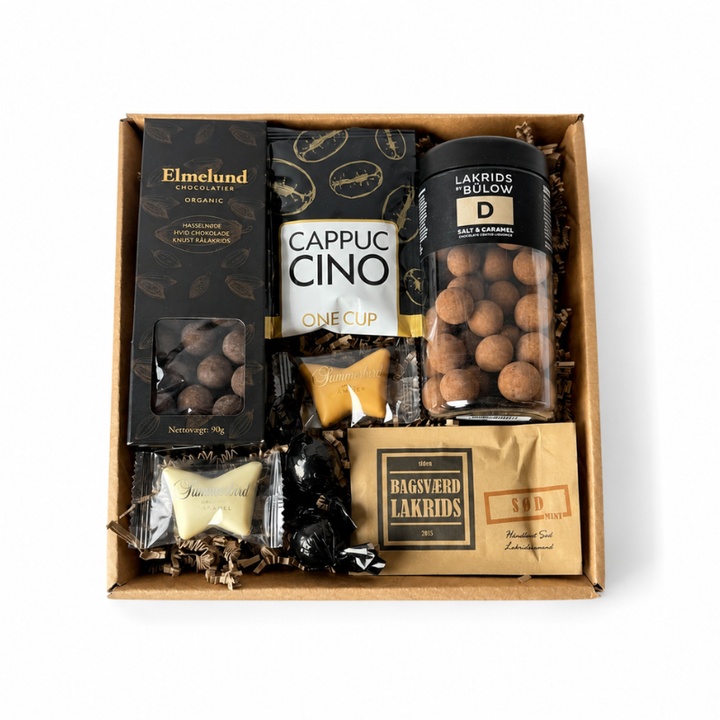 Gavekurv med lakrids, chokolade, kaffe og Summerbird sommerfugle