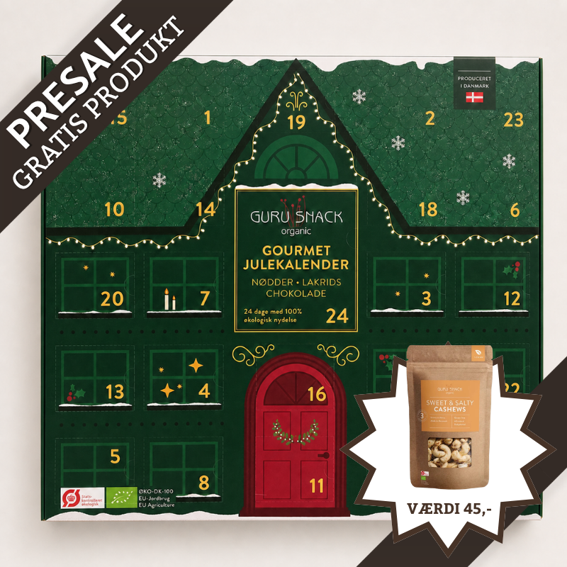 Julekalender med chokolade, nødder og lakrids - Guru Snack – presale 2026