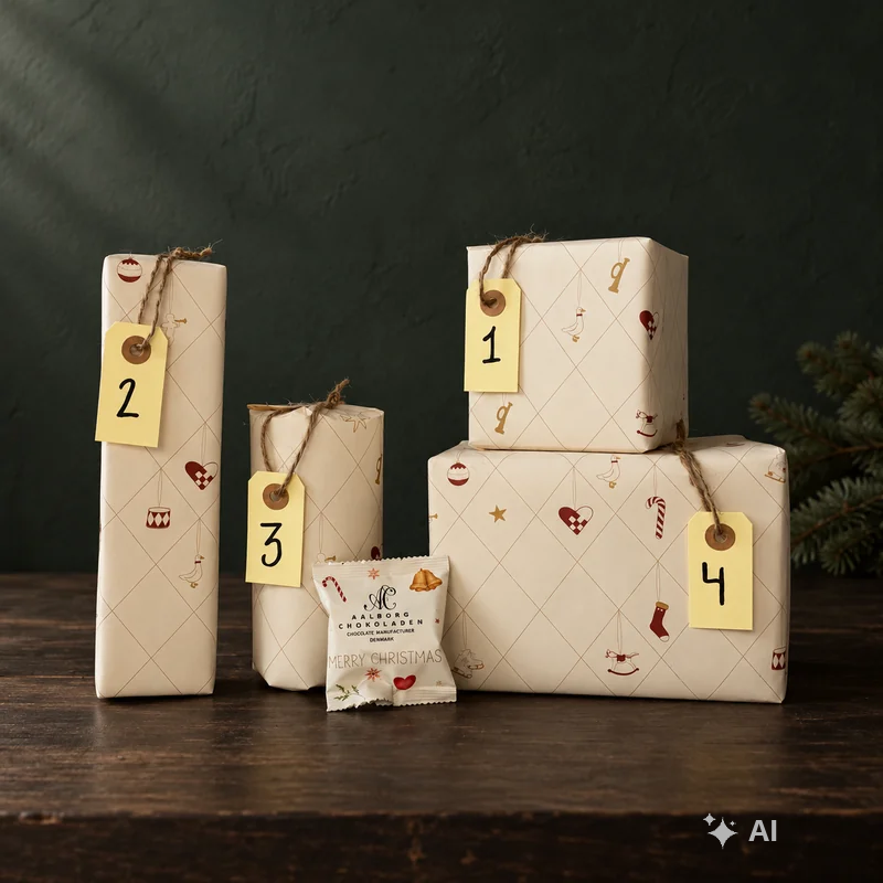 Indpakket adventskalender til hende med pakker nummereret 1 til 4 - chokoladehimlen
