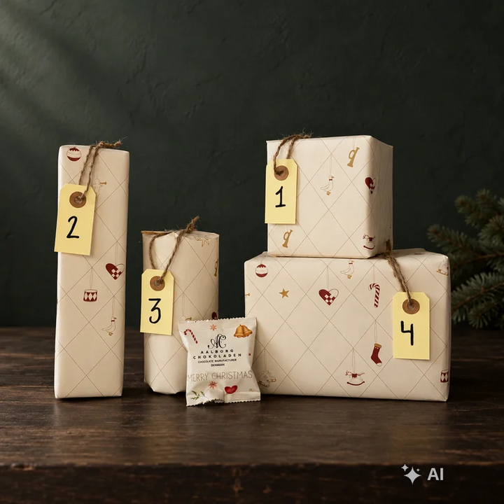 Indpakket adventskalender til hende med pakker nummereret 1 til 4 - chokoladehimlen