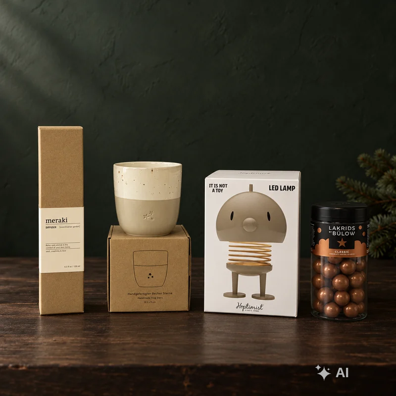 Hoptimist lampe og Meraki duftfrisker med Eulenschnitt krus og Bülow Classic Caramel - chokoladehimlen