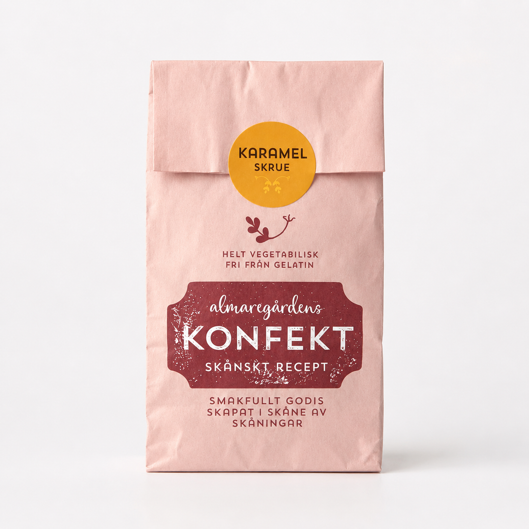 Almaregården Lakrits Karamelskruer 150 g med veganske karamelskruer.
