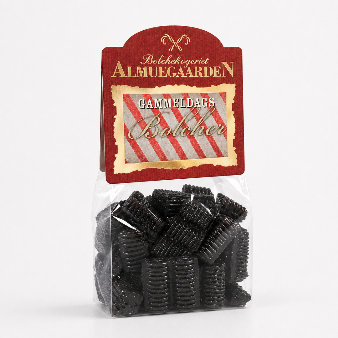 Dameskrå bolcher med smag af salt lakrids fra Almuegaarden i pose.