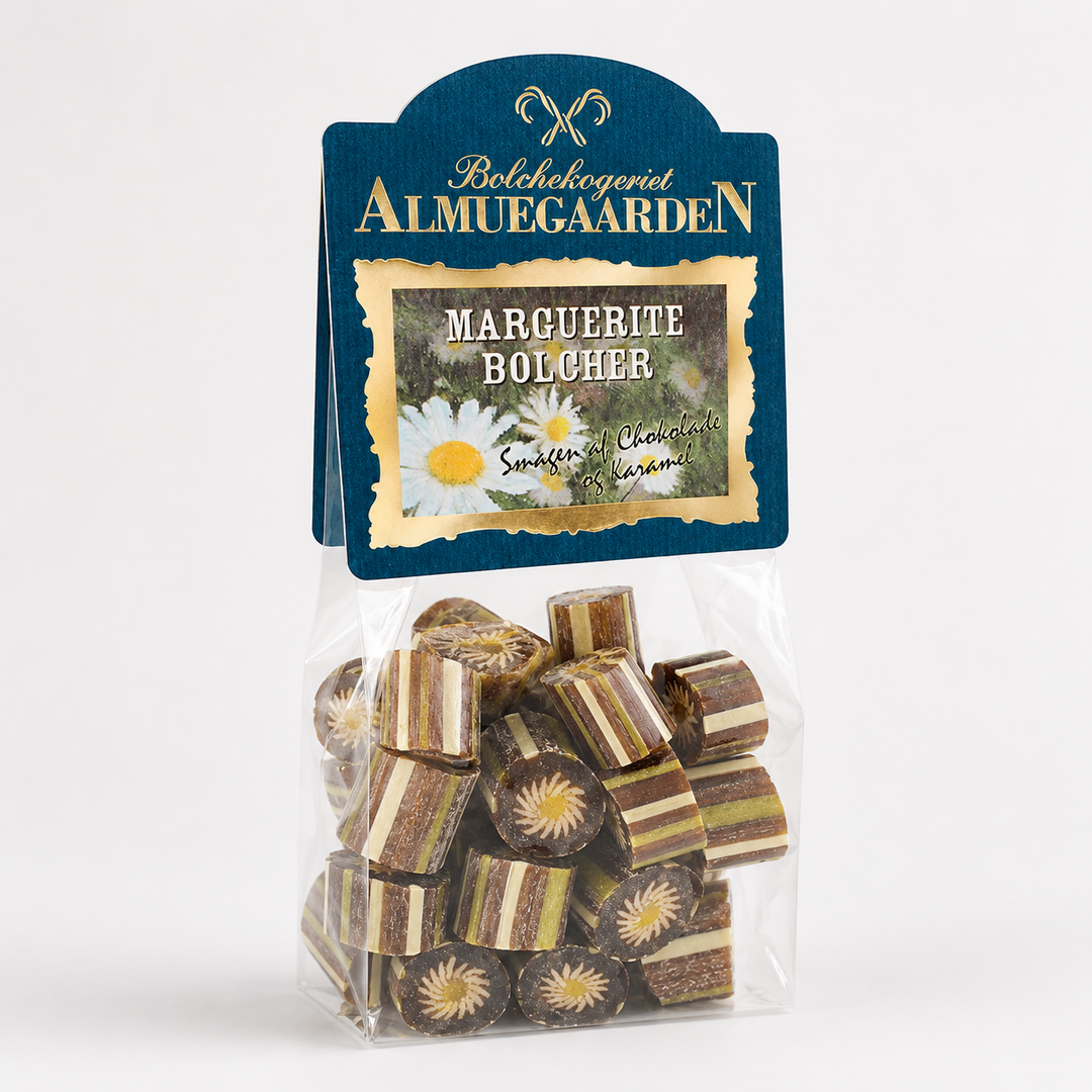 Marguerite bolcher med smag af chokolade og karamel fra Almuegaarden i pose.