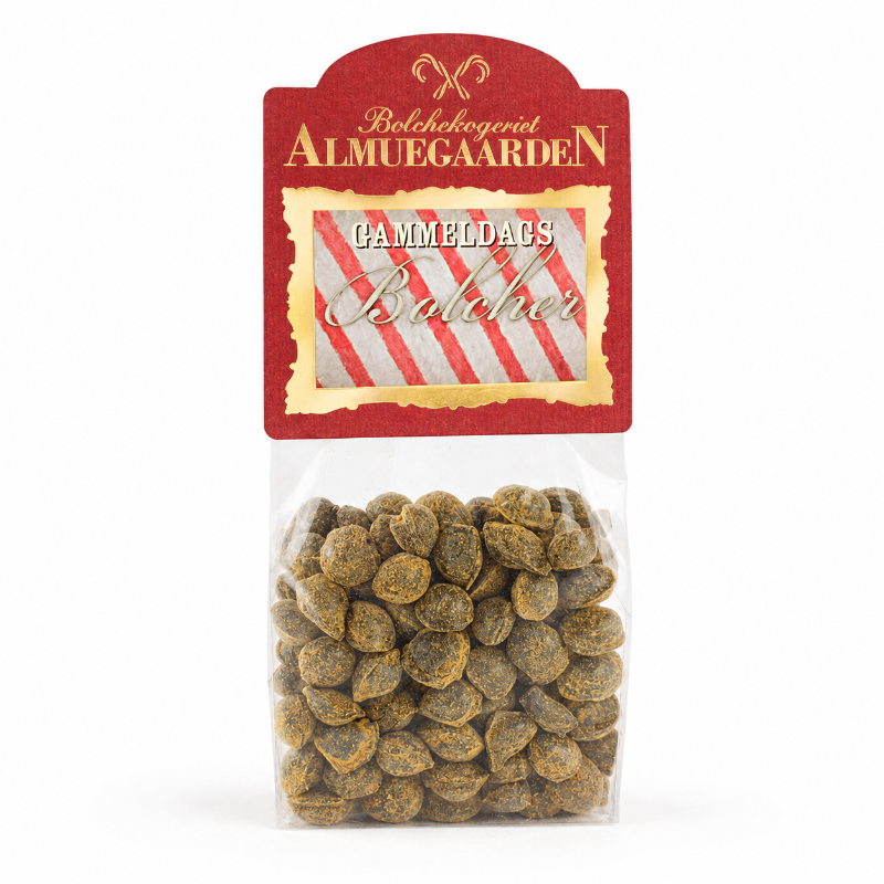 Spejderhagl bolcher med smag af lakrids og salmiak fra Almuegaarden i pose.