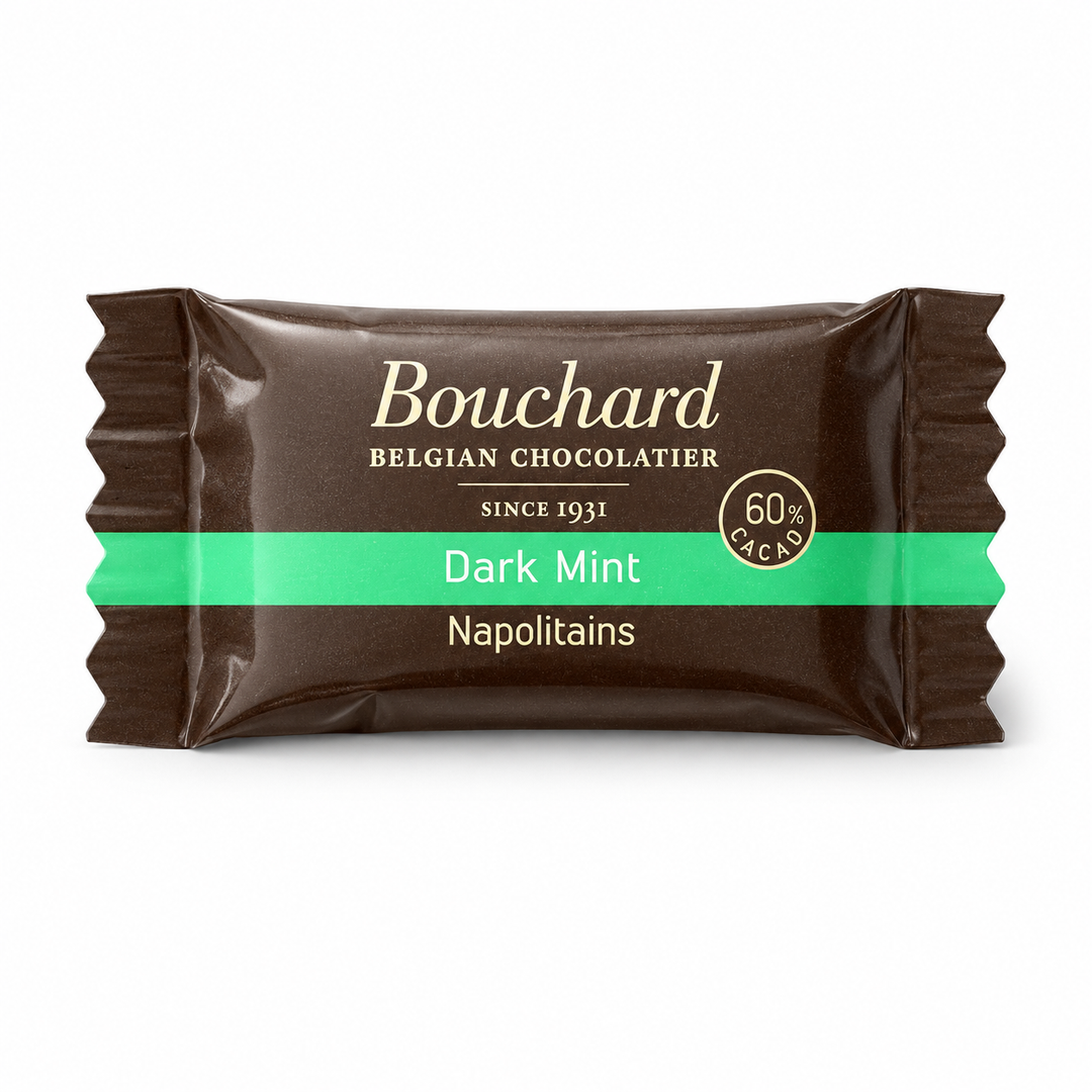 Bouchard mørk chokolade med mint indpakket flowpack 1 kg til møde og fest.