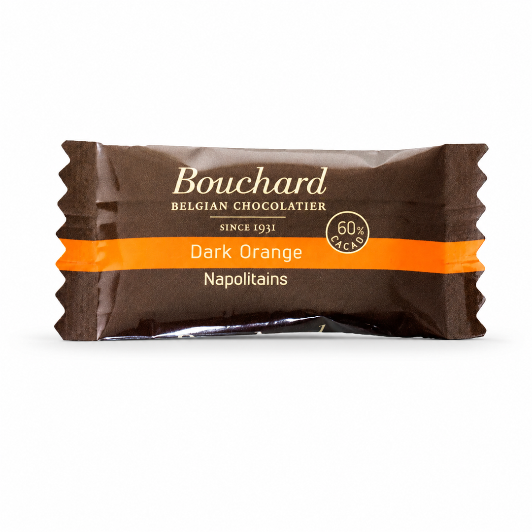 Bouchard mørk chokolade med orange indpakket flowpack 1 kg til møde og fest.