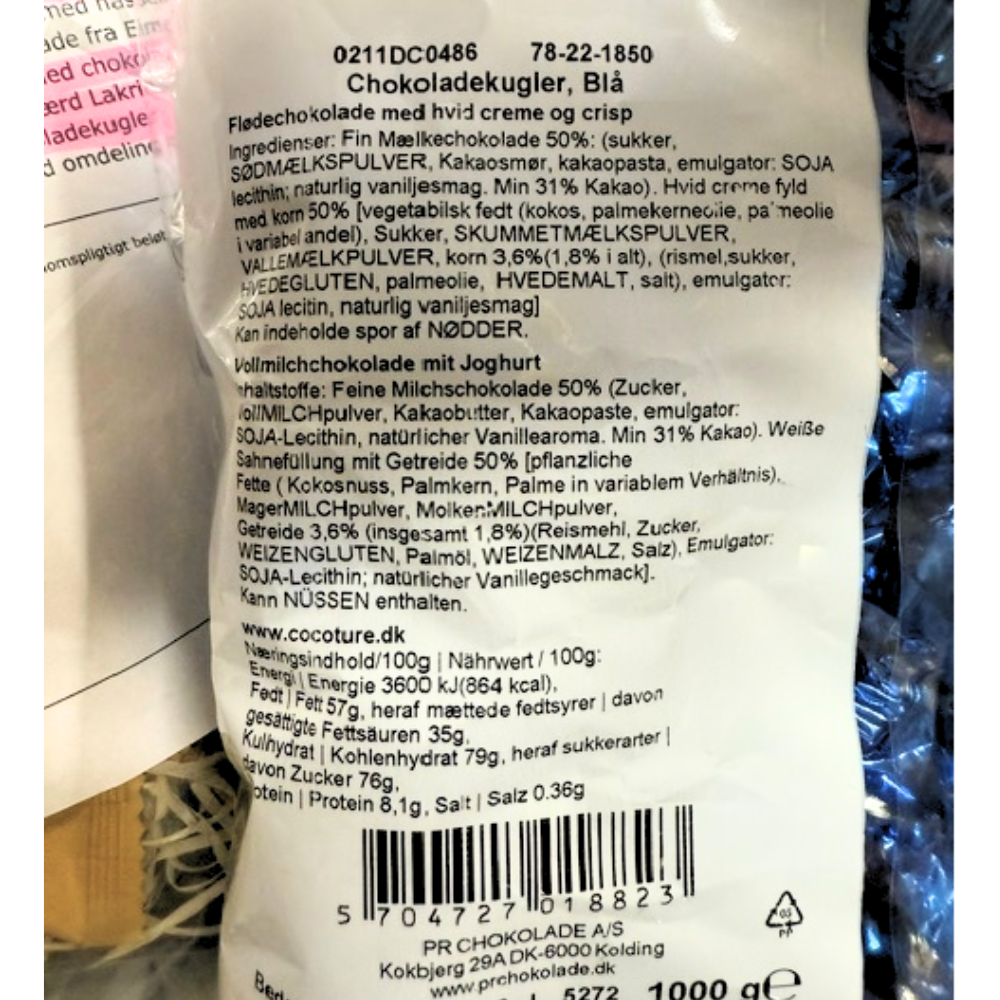 Fyldte chokoladekugler flødechokolade med hvid yoghurt crips kerne Blå 1 kg