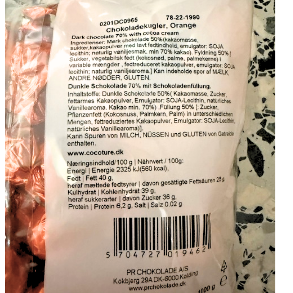 Fyldte chokoladekugler med 70% chokolade m/chokocream  - 1 kg Orange