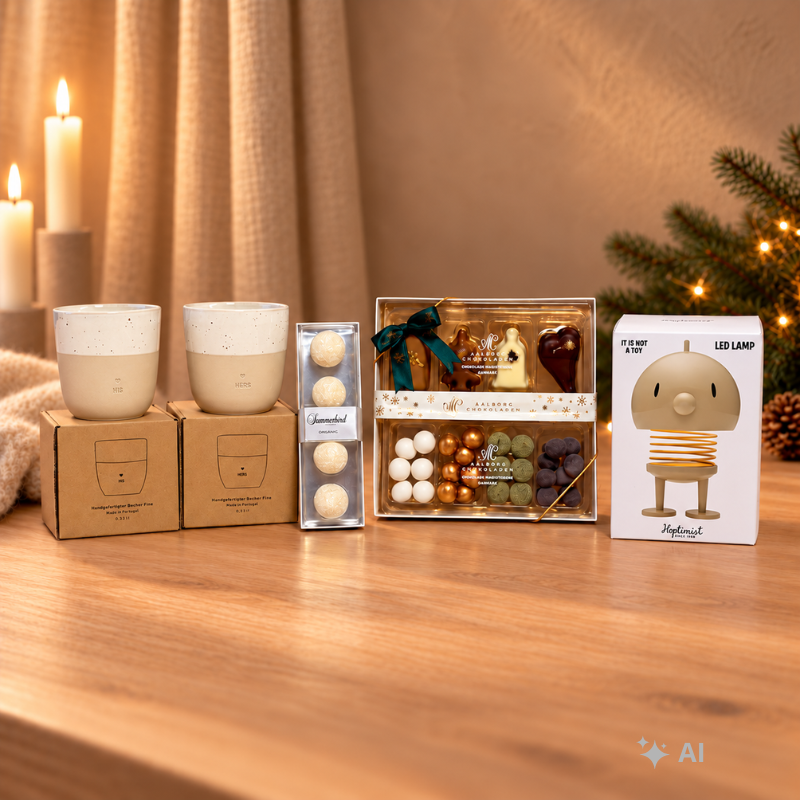 Hoptimist Bumble lampe med HIS og HERS krus samt Summerbird og Aalborg Chokoladen - chokoladehimlen