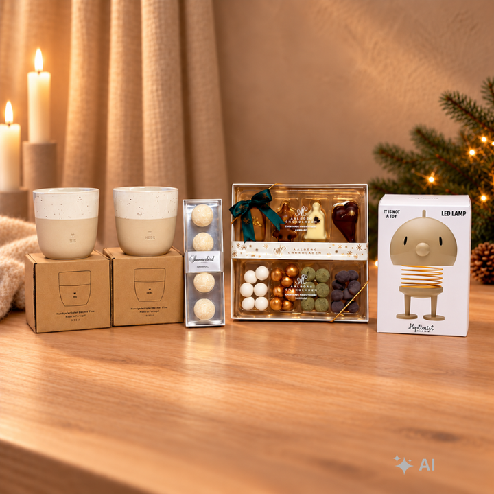 Hoptimist Bumble lampe med HIS og HERS krus samt Summerbird og Aalborg Chokoladen - chokoladehimlen
