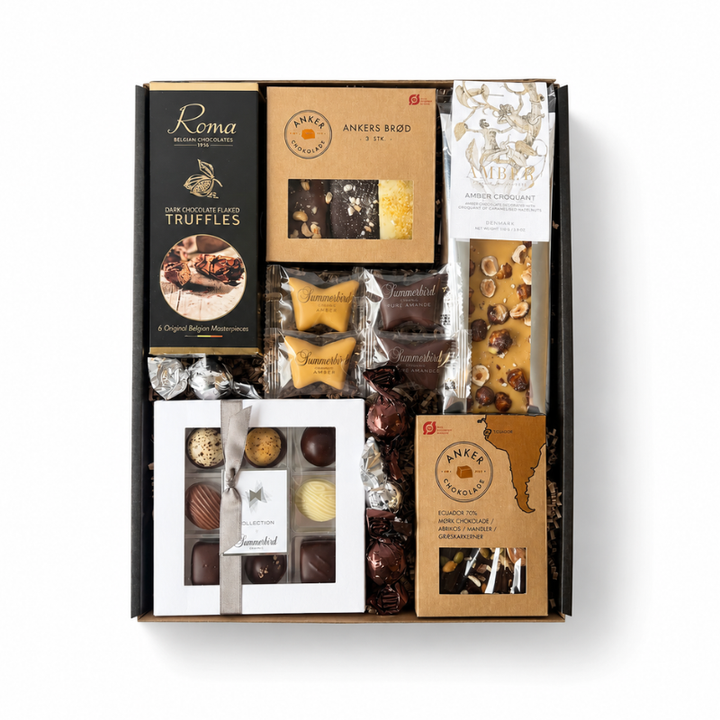 Overdådig gaveæske med luksus chokolade fra Summerbird og Anker Chokolade