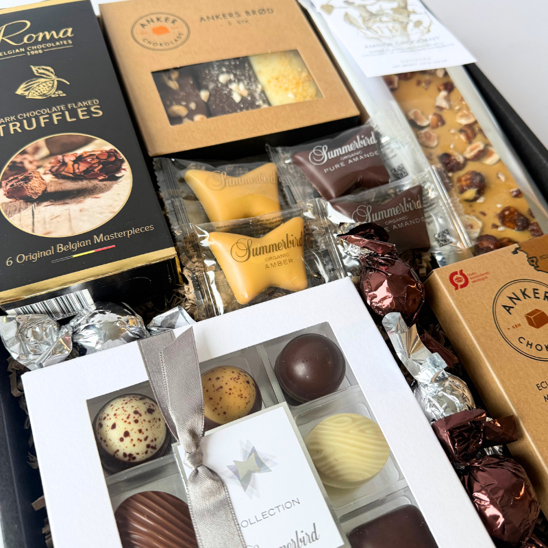 Gaveæske med chokolade fra Summerbird og Anker Chokolade