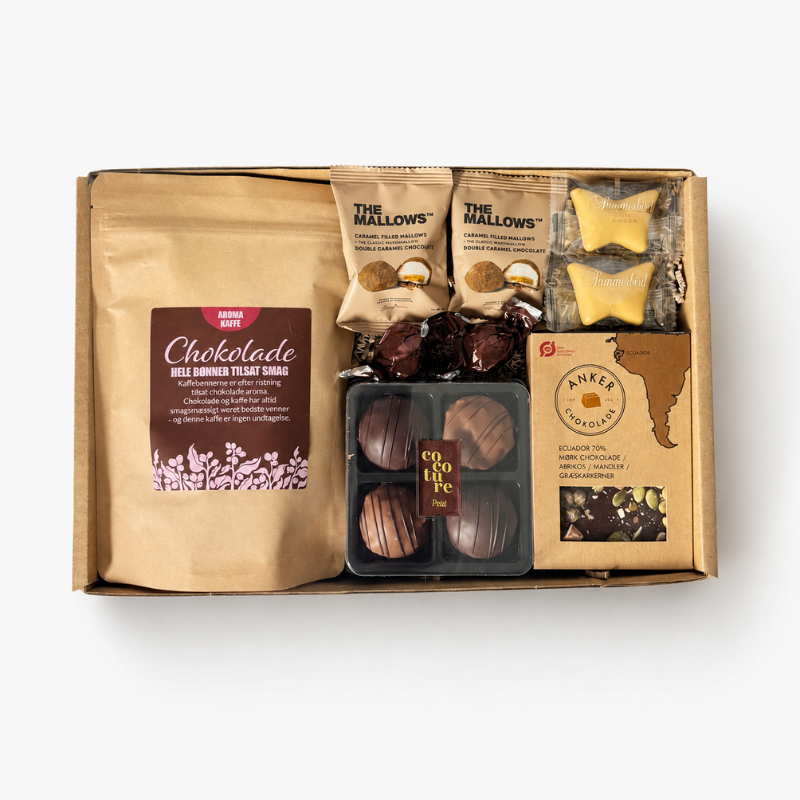 Gaveæske til kaffeelskeren med kaffebønner, CocoTure trøffel-romkugler, Summerbird og Anker Chokolade