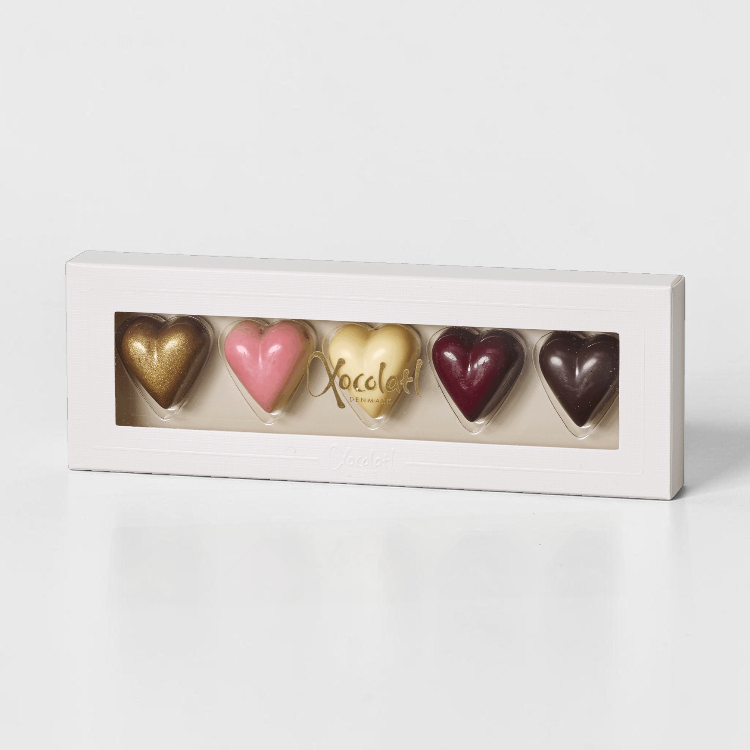 Gaveæske med 5 fyldte chokoladehjerter fra Xocolatl