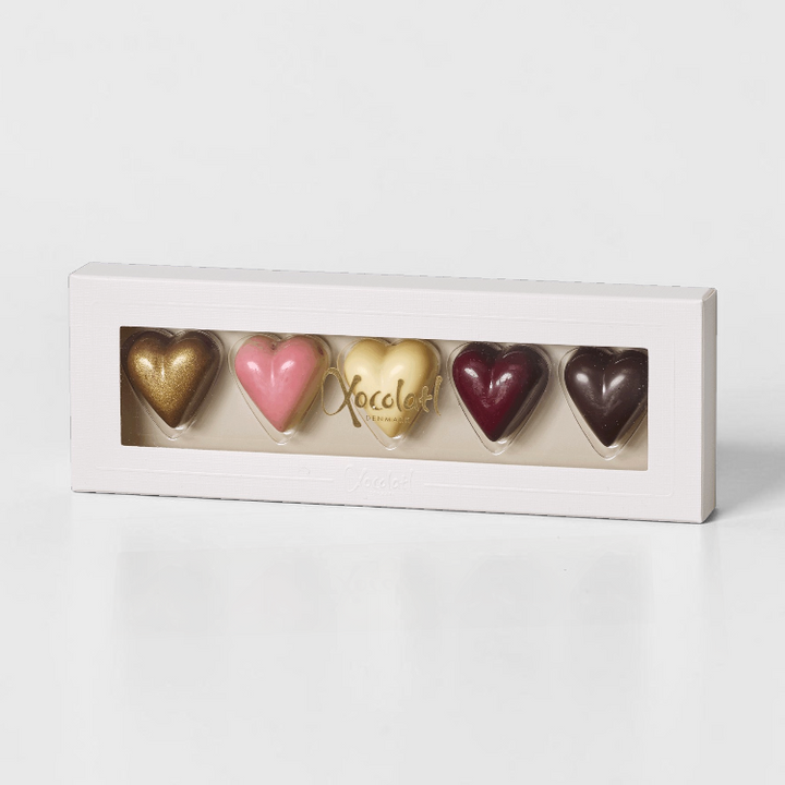 Gaveæske med 5 fyldte chokoladehjerter fra Xocolatl