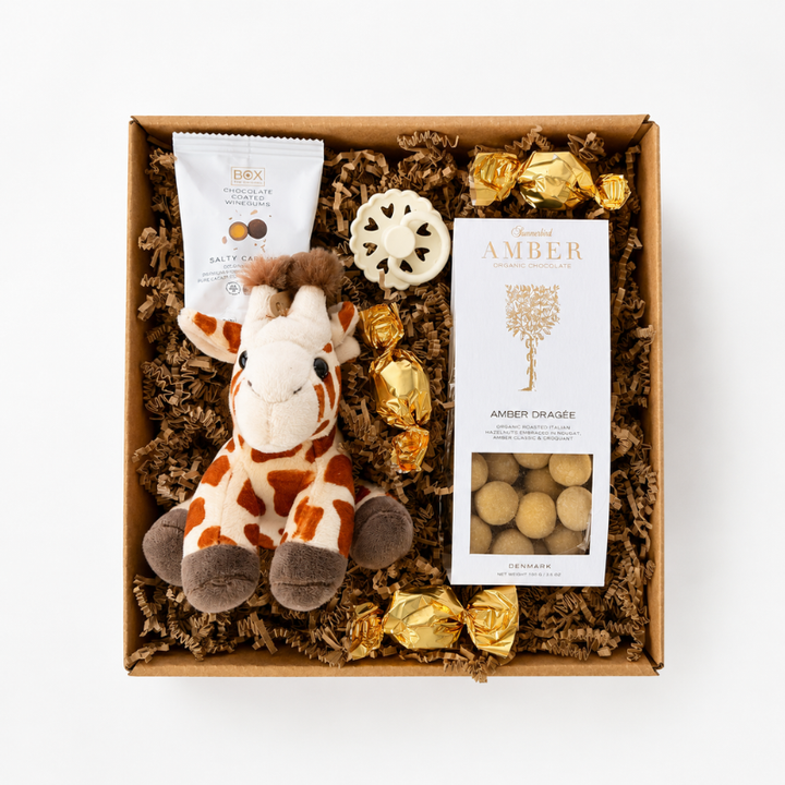 Flot barselsgave med bamse og chokolade i gavekurv.