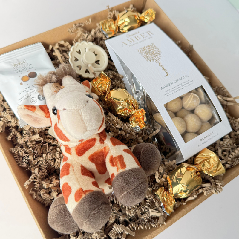 Chokoladekugler, amber hasselnødder, sut og bamse til barselsgave.
