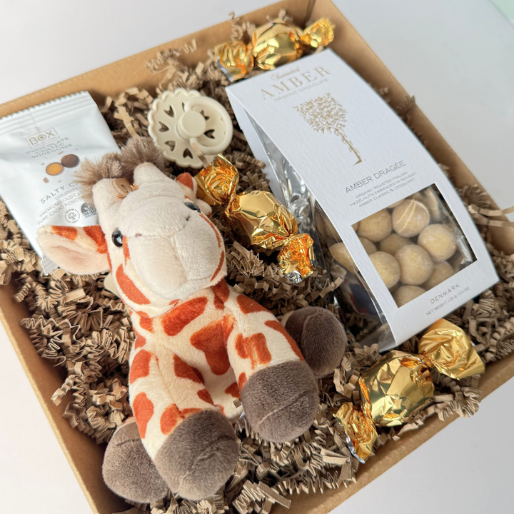 Chokoladekugler, amber hasselnødder, sut og bamse til barselsgave.