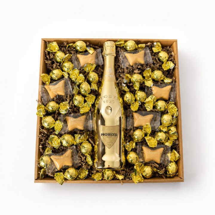 Eksklusiv guldkurv med prosecco, chokoladekugler og Summerbird Amber sommerfugle