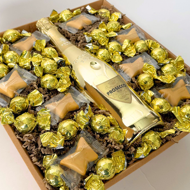 Gavekurv med Tosti Prosecco DOC, 30 chokoladekugler og 8 Amber sommerfugle fra Summerbird