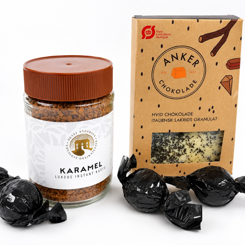 Gavepose med kaffe, Anker Chokolade og indpakkede chokoladekugler som sød gaveidé.