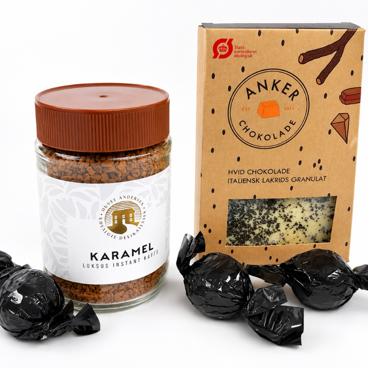 Gavepose med kaffe, Anker Chokolade og indpakkede chokoladekugler som sød gaveidé.