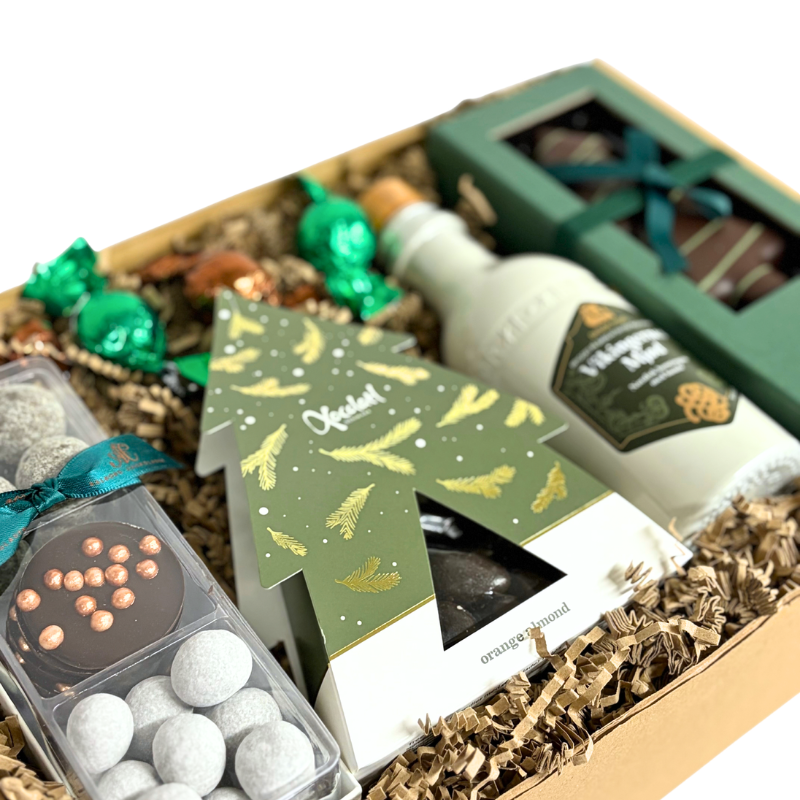 En julegave med smagen af dansk jul, Jule Tapas fra Aalborg Chokoladen, marcipanjuletræ med mørk chokolade, Vikingernes Mjød, orangemandler fra Xocolatl