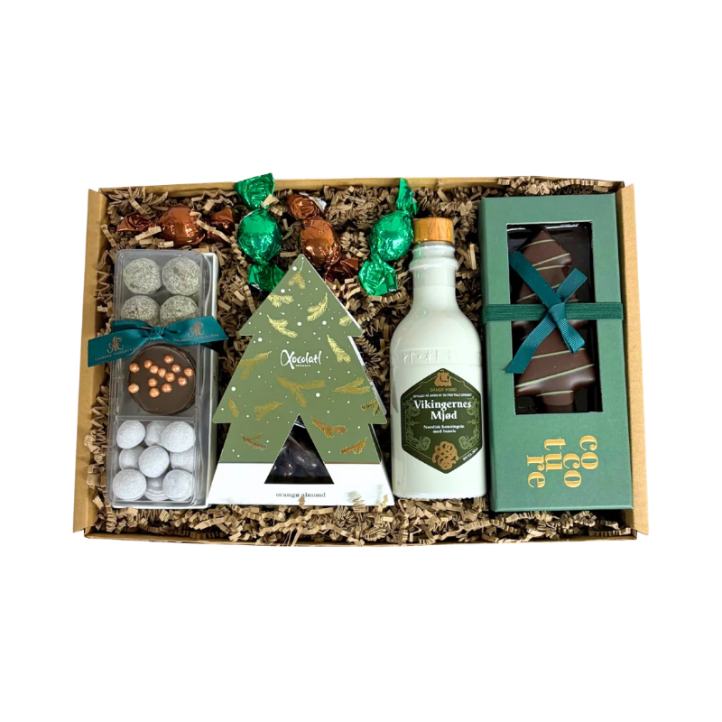 En julegave med smagen af dansk jul, Jule Tapas fra Aalborg Chokoladen, marcipanjuletræ med mørk chokolade, Vikingernes Mjød, orangemandler fra Xocolatl