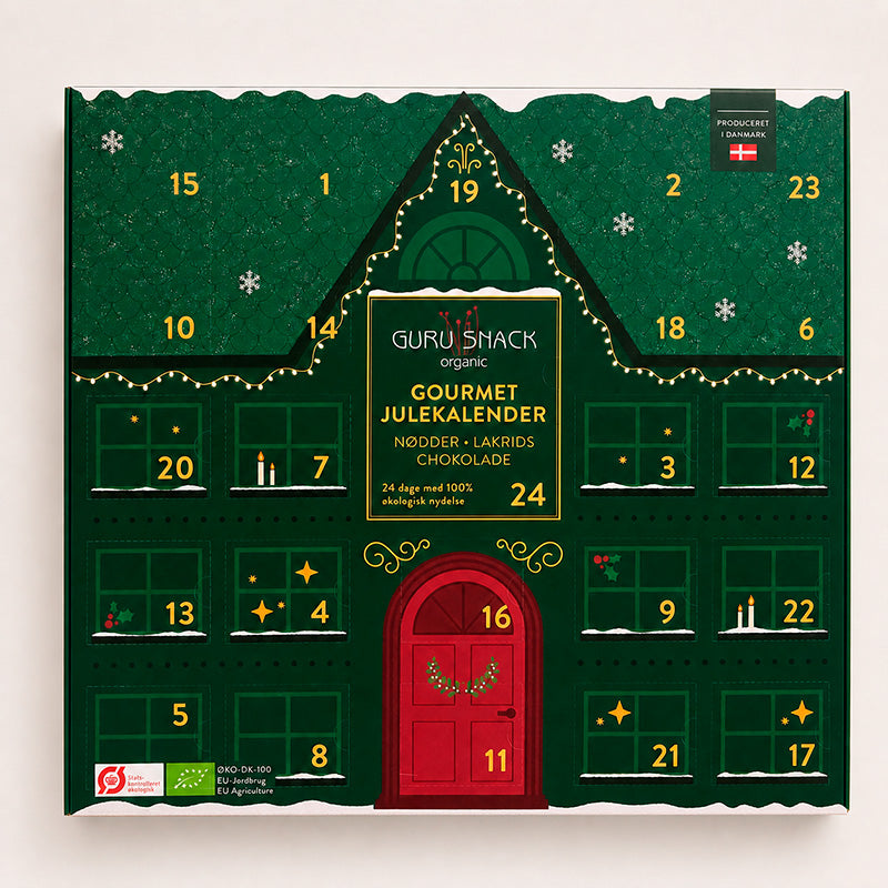 Julekalender med 11 varianter af nødder, lakrids og chokolade
