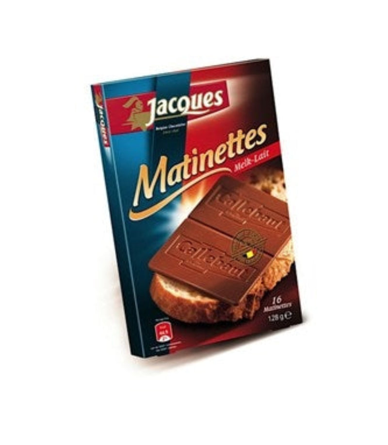 Jacques Matinettes lys belgisk pålægschokolade 128 g med 16 tykke chokoladestykker.