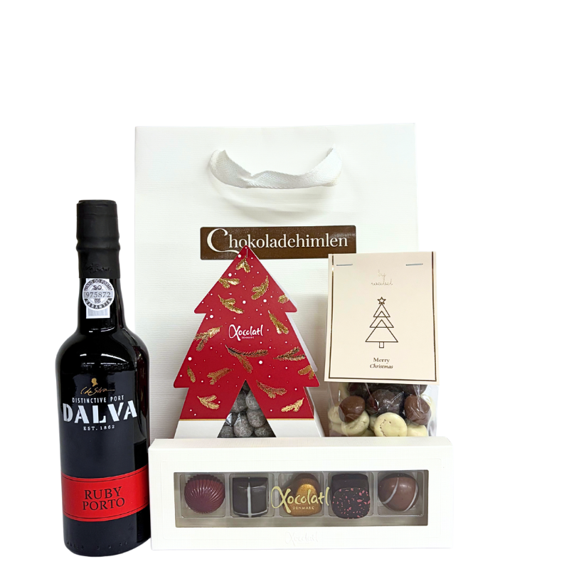 Julegavepose - Portvin og chokolade til en du ønsker glædelig jul