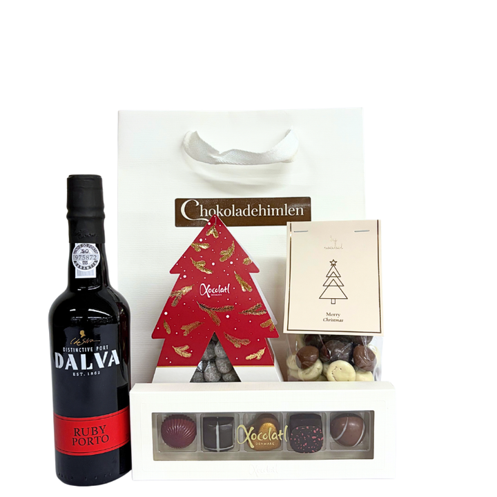 Julegavepose - Portvin og chokolade til en du ønsker glædelig jul