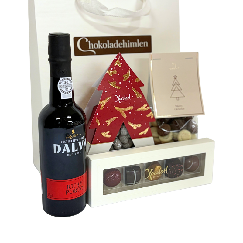 Julegavepose - Portvin og chokolade til en du ønsker glædelig jul