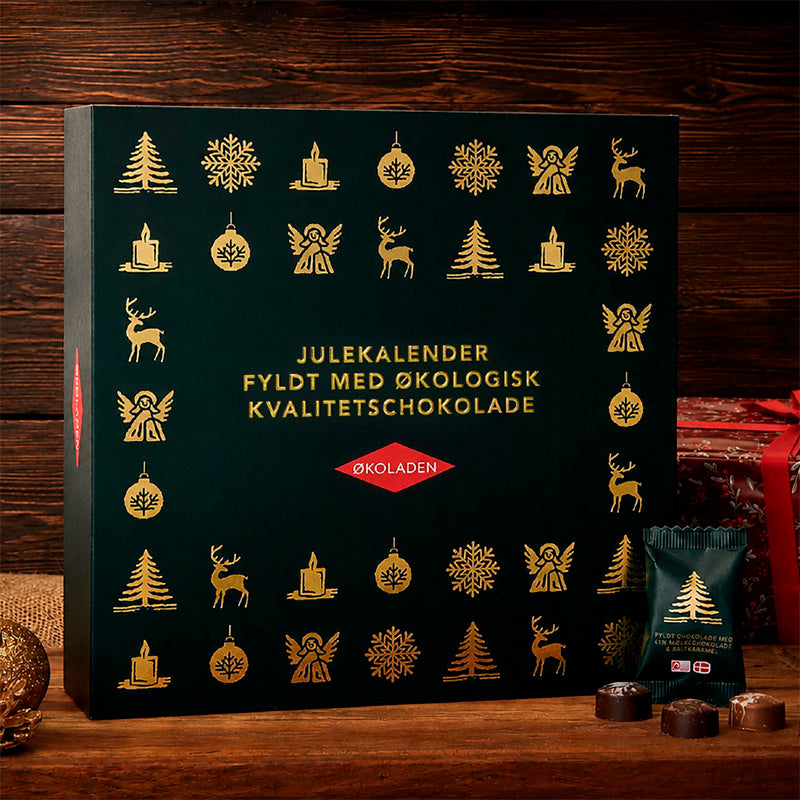 Elmelund julekalender med økologiske dessertchokolader og lakrids