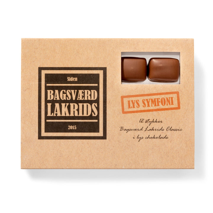 Gaveæske med lækker lakrids overtrukket af lys chokolade fra Bagsværd Lakrids