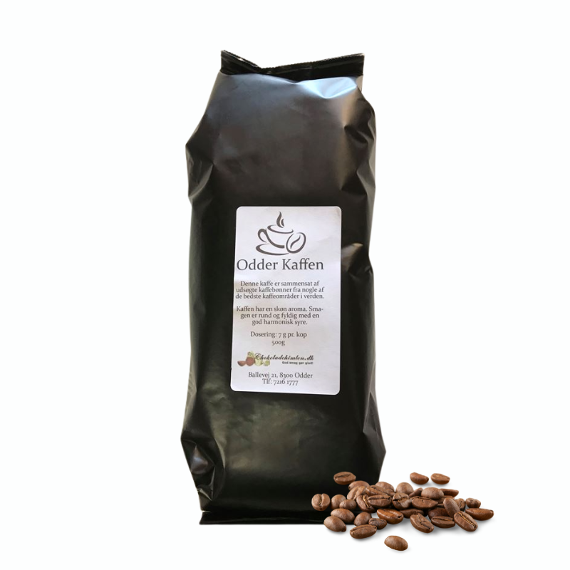 Odder Kaffen hele bønner 500 g med rund og fyldig kaffesmag.