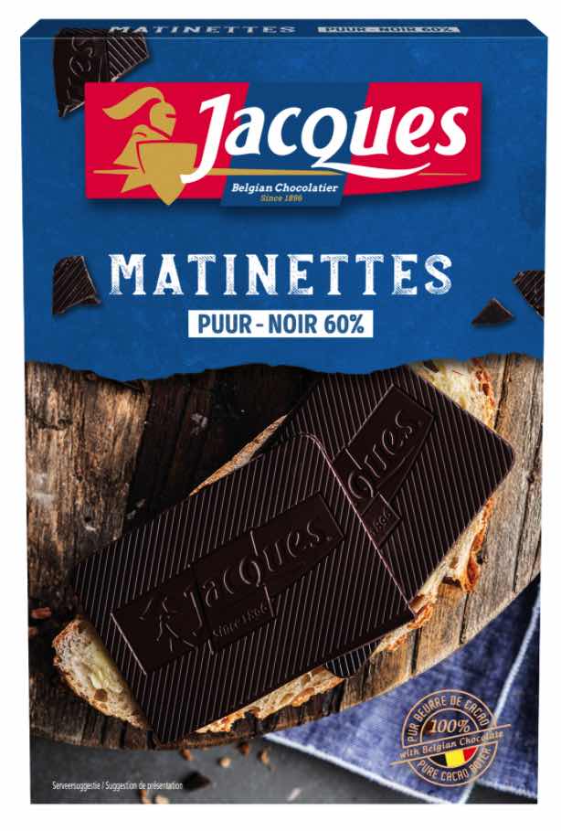 Jacques Matinettes mørk belgisk pålægschokolade 128 g med 16 tykke chokoladestykker.