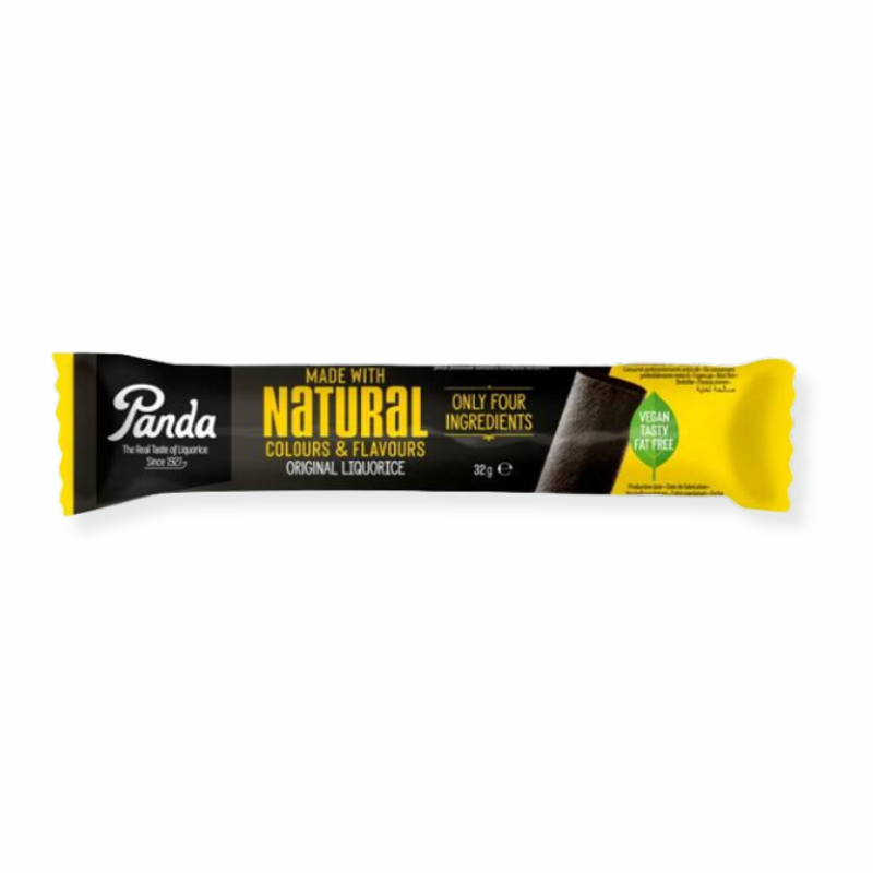 Panda vegansk lakridsstang 32 g med blød lakrids og anisolie.