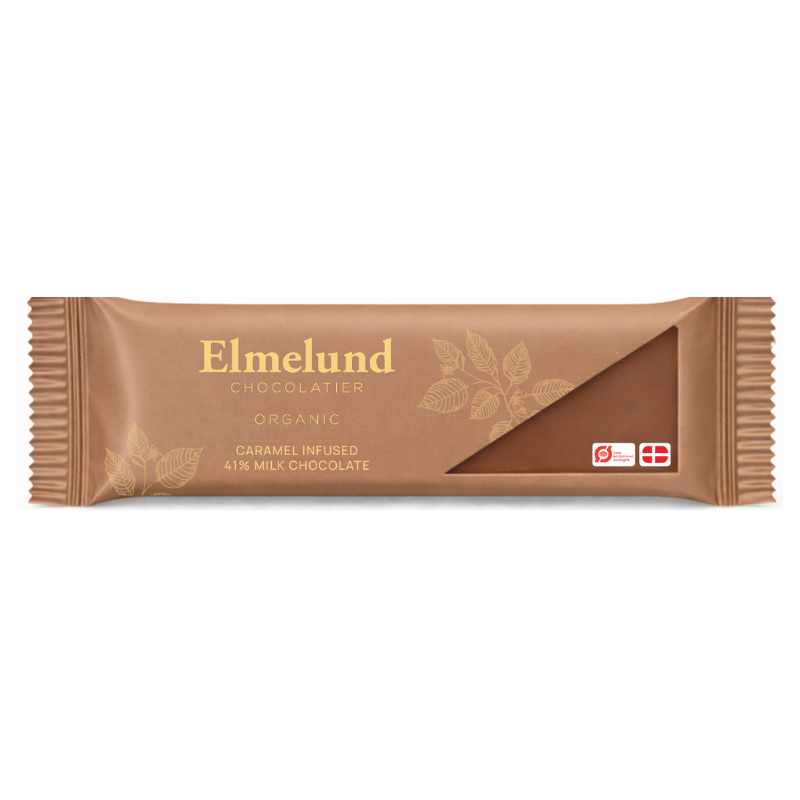 Elmelund mælkechokoladebar med karamel i økologisk 20 g variant