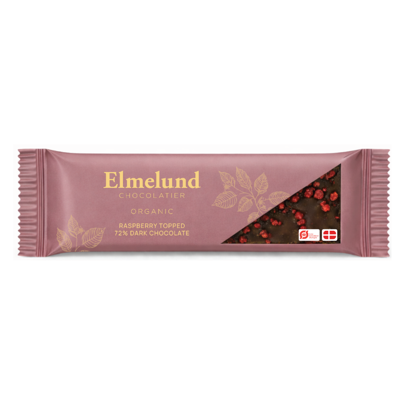 Økologisk mørk Elmelund chokoladebar 72 procent med hindbær