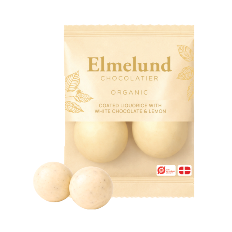 Økologiske Elmelund lakridskugler med hvid chokolade og lemon