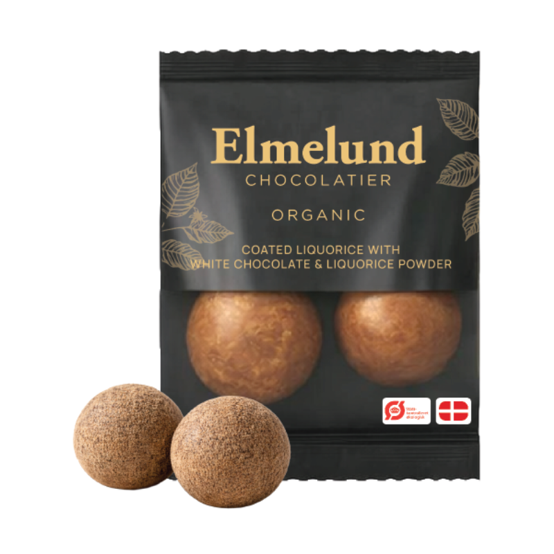 Økologiske Elmelund lakridskugler med hvid chokolade og lakridspulver