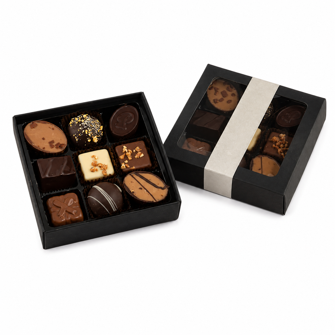 9 Fyldte chokolader i sort gaveæske