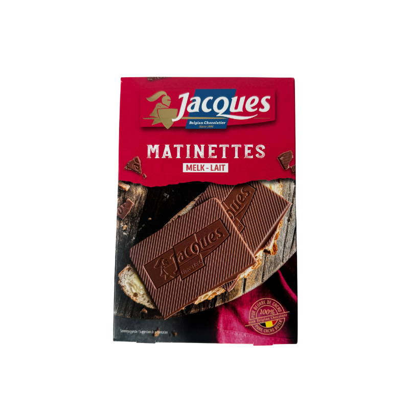 Jacques Matinettes lys belgisk pålægschokolade 128 g med 16 tykke chokoladestykker.