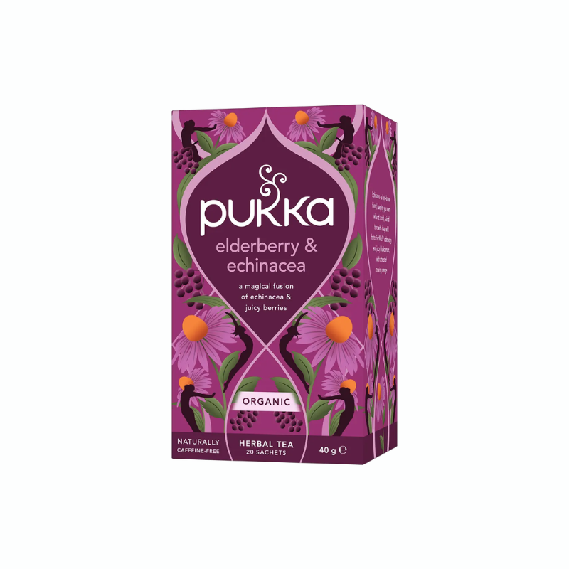 Pukka Elderberry &amp; Echinacea økologisk urtete med hyldebær, echinacea, ingefær og lakridsrod i 20 tebreve.
