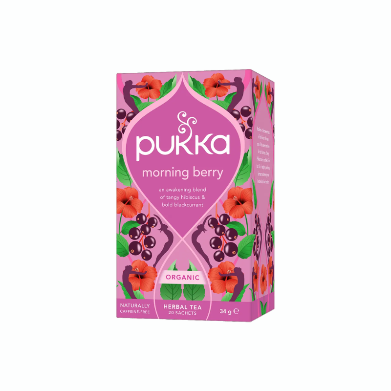 Pukka Morning Berry økologisk urtete med rooibos, hibiscus, solbær, brombær og lakridsrod i 20 tebreve.