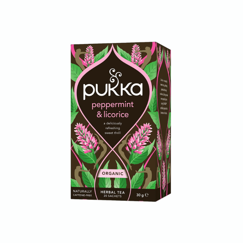 Pukka Peppermint &amp; Liquorice økologisk urtete med pebermynteblad og lakridsrod i 20 tebreve.
