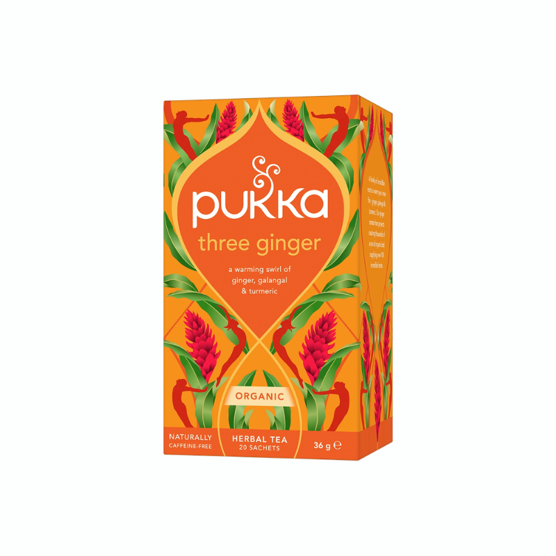 ukka Three Ginger økologisk urtete med ingefær, galanga, lakridsrod og gurkemeje i 20 tebreve.